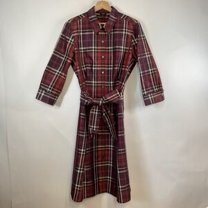 Talbots Women's Silk Plaid Midi Shirt Dress Belted Button Front Size 14 Career
